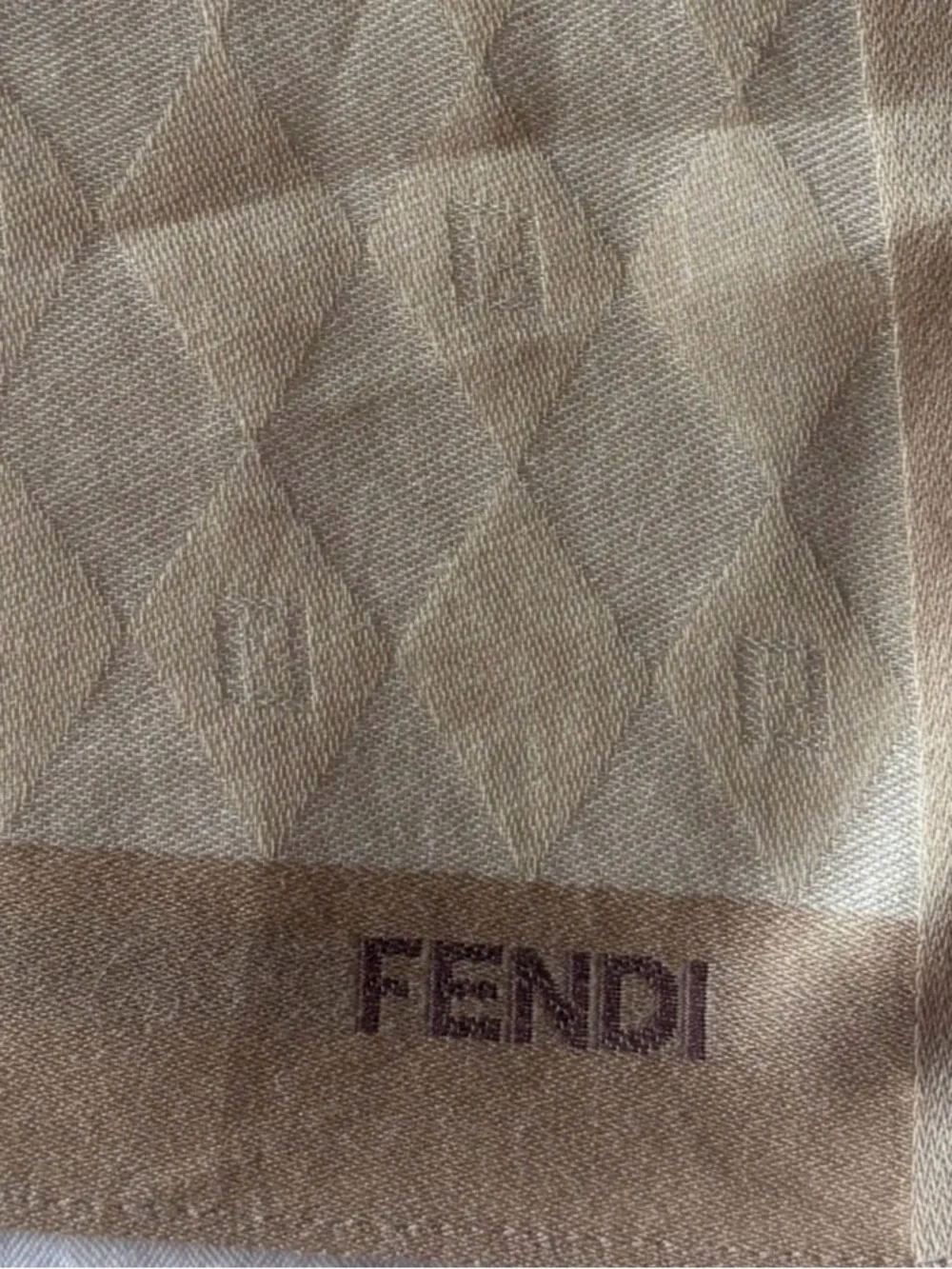 Vintage Fendi 18.5” Square Cotton Taupe & Ivory Scarf, Diamond Pattern Like New
